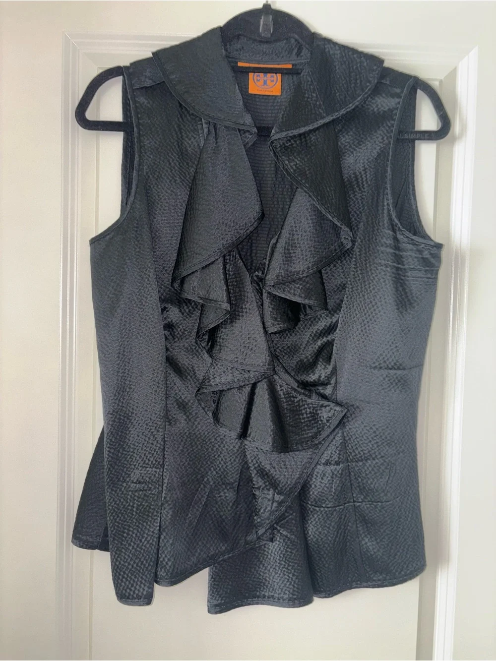 TORY BURCH Black  Kathleen Silk Ruffled V Neck Sleeveless Blouse Size 10